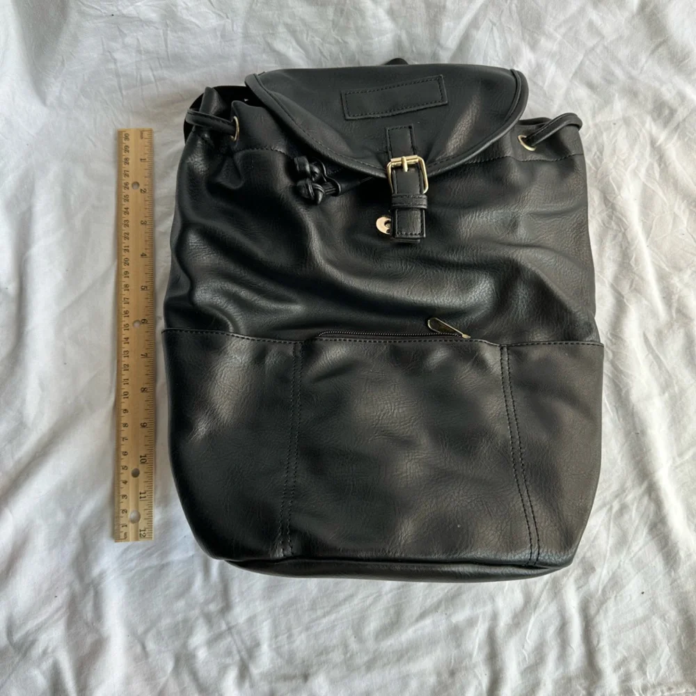 Black Faux Leather Drawstring Backpack with Gold Buckle Accent